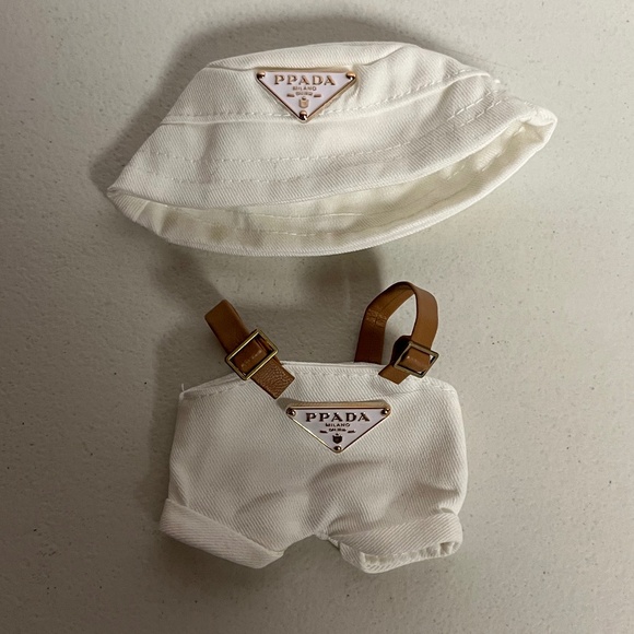 Designer Overalls Bucket Hat 2 Piece Outfit For Labubu White - Picture 5 of 9